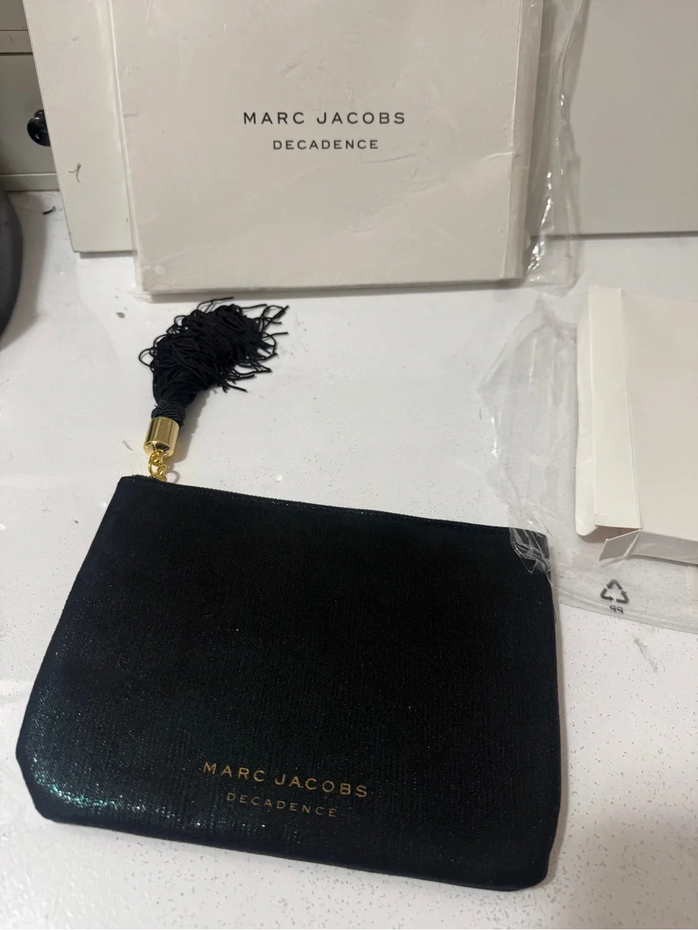 Marc Jacobs Black Shimmer Wristlet makeup bag with Tassel, brand new with box